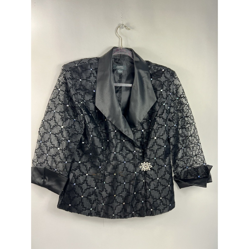 Dressbarn Evening Jacket Women's Sz 8 Black Sequins Rhinestone Clasp Sheer 3/4 S